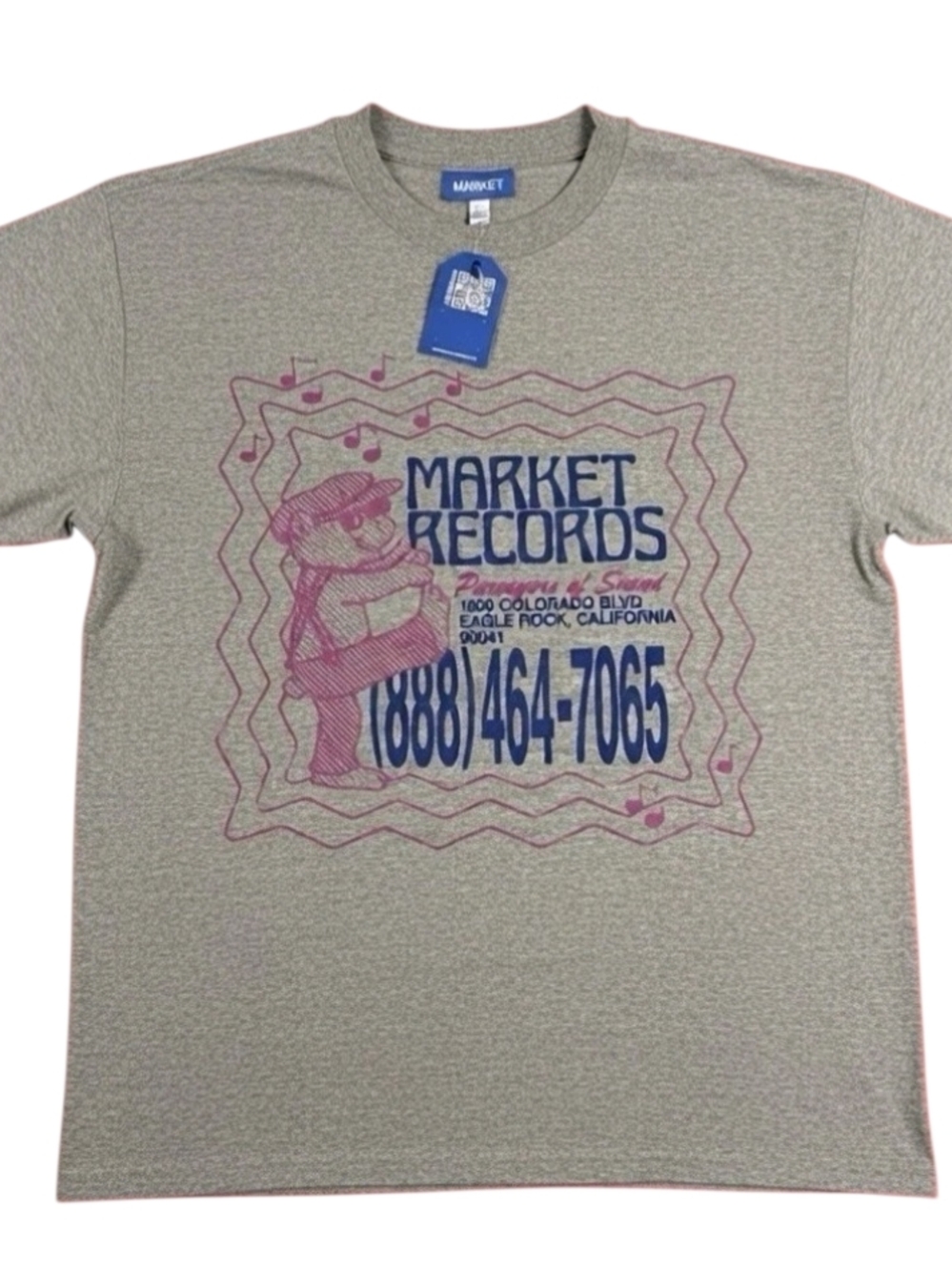 Market Records Short Sleeve Tee in Light Olive with Pink and Navy Print